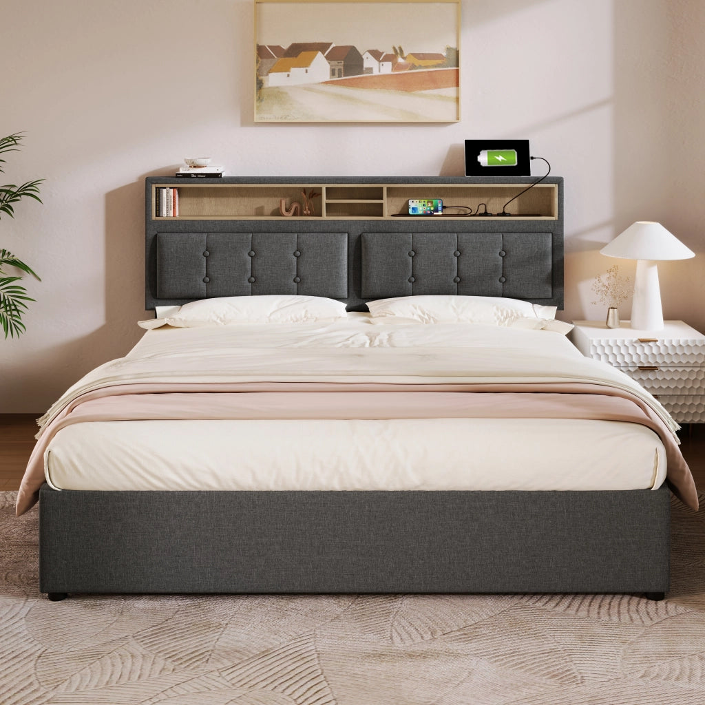 Letti contenitori 160x200 cm; testiera regolabile con USB e prese; lino grigio (Senza materasso)