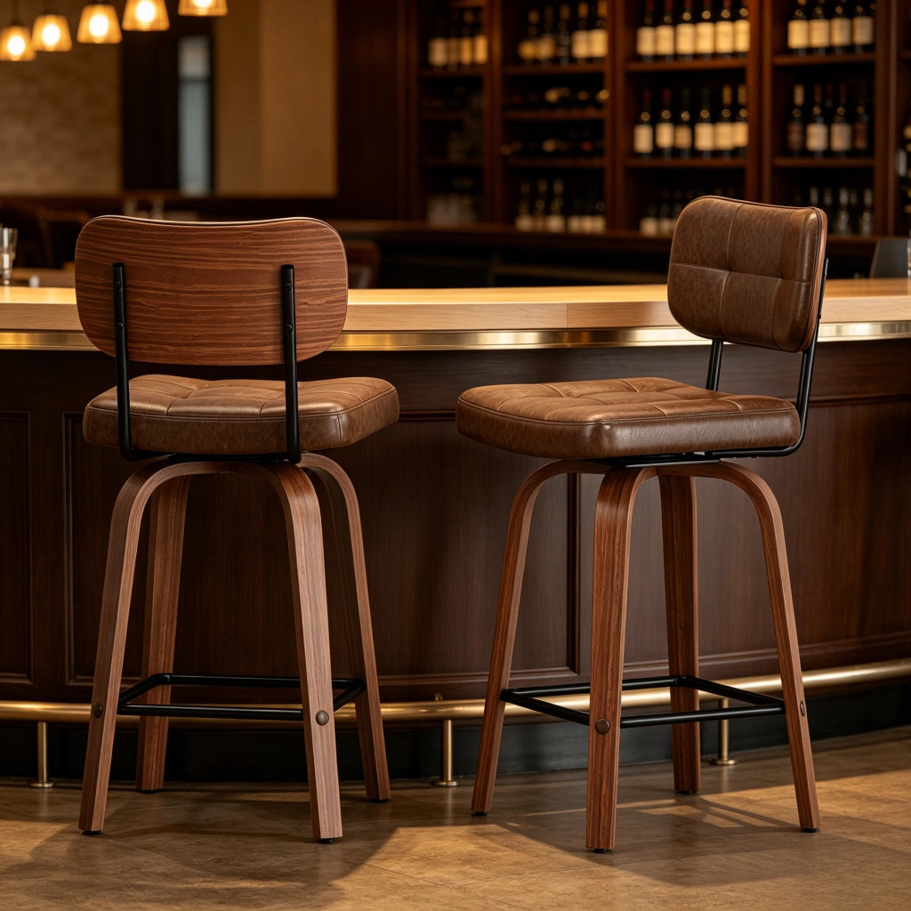 Sgabello da bar girevole - con schienale ergonomico - in PU e legno - marrone noce