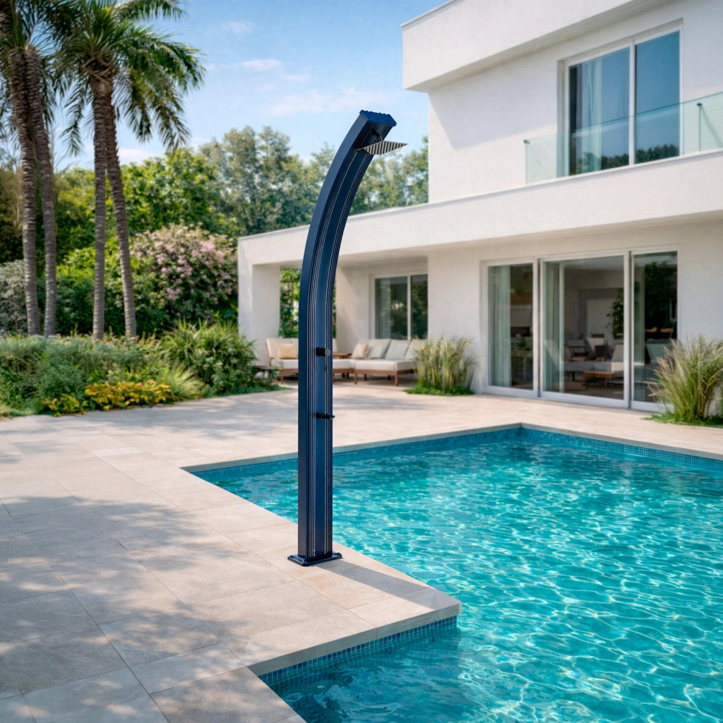 Starmatrix Doccia solare curva per piscina alluminio Grigio RAL9023 serbatoio 30 L soffione quadrato miscelatore rubinetto lavapiedi altezza 2254 cm SS0965-GREY