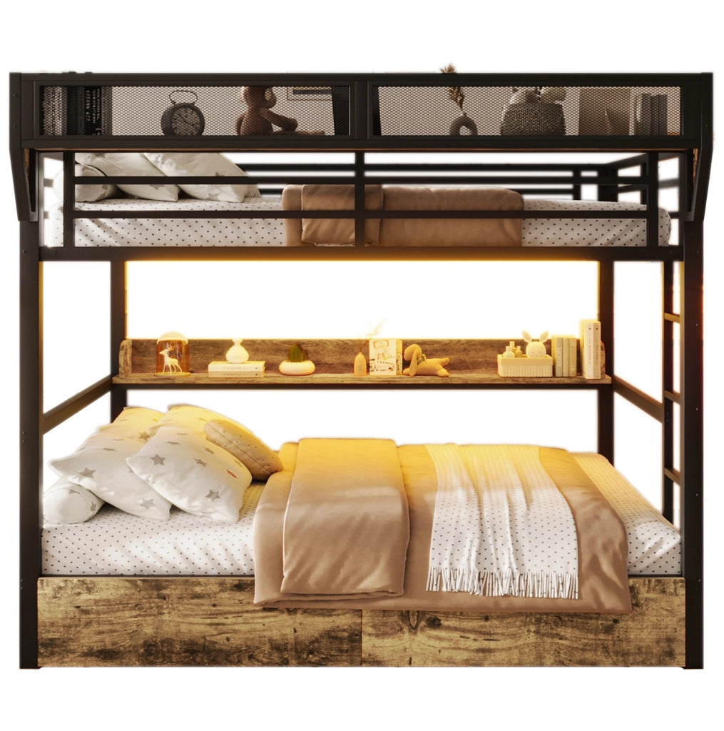 Letto a castello 204x163x176.5 cm con LED; cassetti e ripiano in MDF e metallo nero