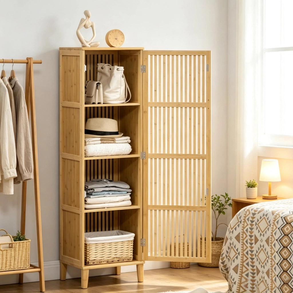 Armadio contenitore alto in bambù con 4 ripiani e porta a lamelle; naturale 40x30x140 cm