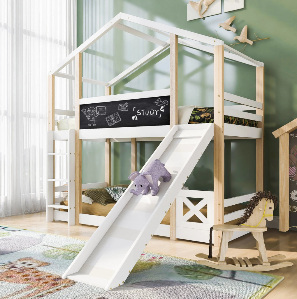 Letto a soppalco per bambini con scala e scivolo 90x200 cm in legno massello bianco