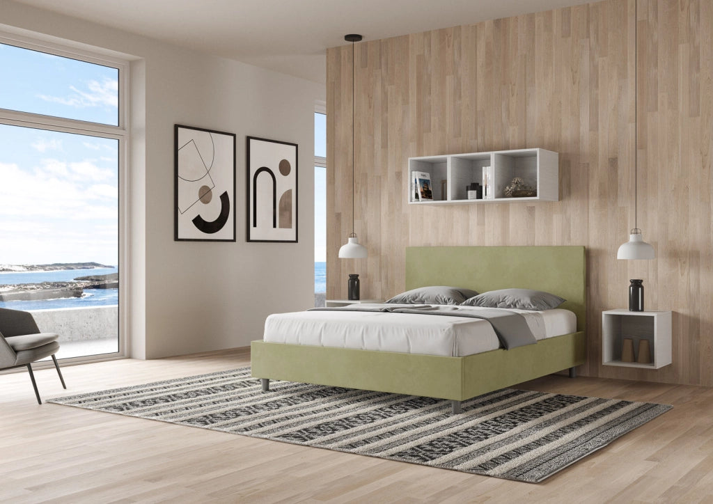 Letto matrimoniale francese senza rete imbottito 140x190 microfibra tè verde Adele