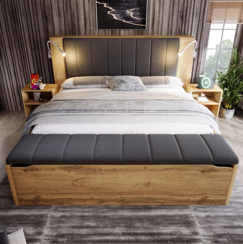 Letto matrimoniale 180x200 cm con comodini, panca e luci USB