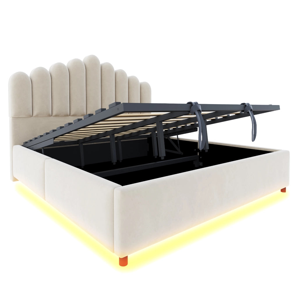 DESMIU Letto contenitore 180 × 200 cm 2 posti con vano idraulico, LED, senza materasso, in velluto, beige