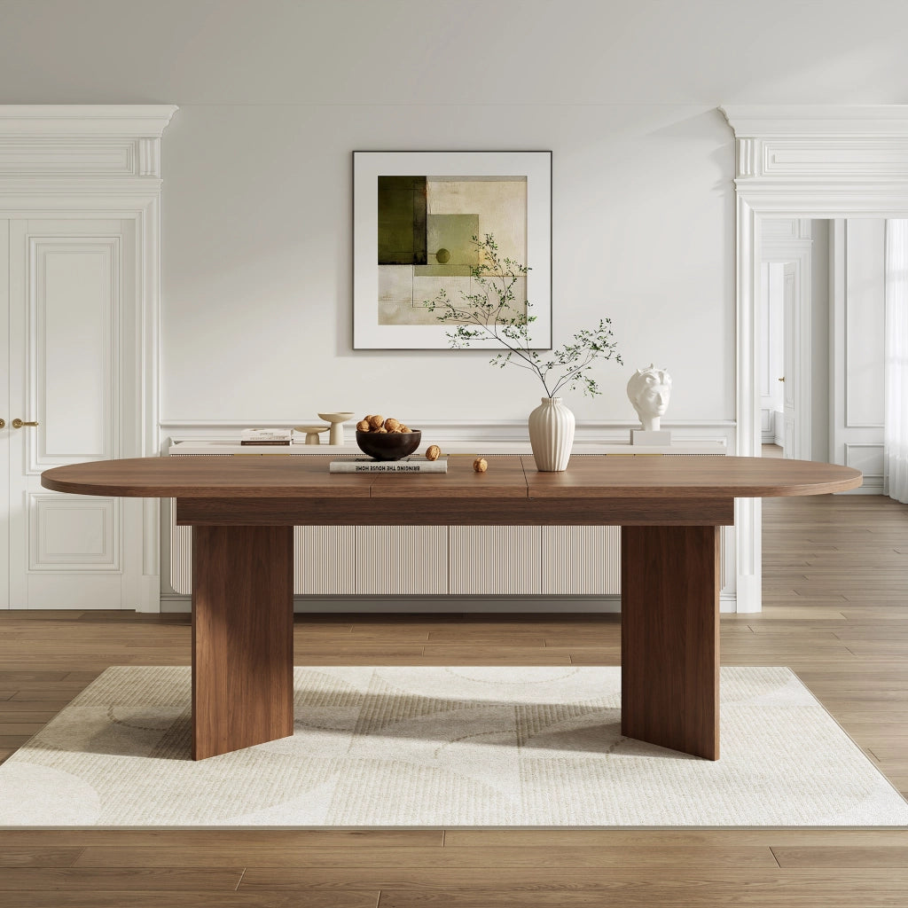 Tavolo allungabile con piano spesso 18 mm e angoli arrotondati, struttura stabile per sala da pranzo, in MDF, noce