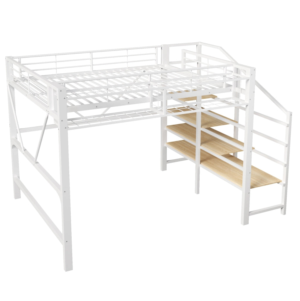 Hochbett 251.5x163x170 cm con illuminazione LED; scaffale a gradini e cestello; MDF e metallo; bianco