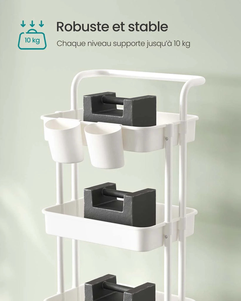 Carrello di servizio mobile a 3 livelli con ruote ripiano portaoggetti con maniglia 2 pentole 2 freni cestini in plastica facile da montare per camera da letto cucina bianco 12_0007856