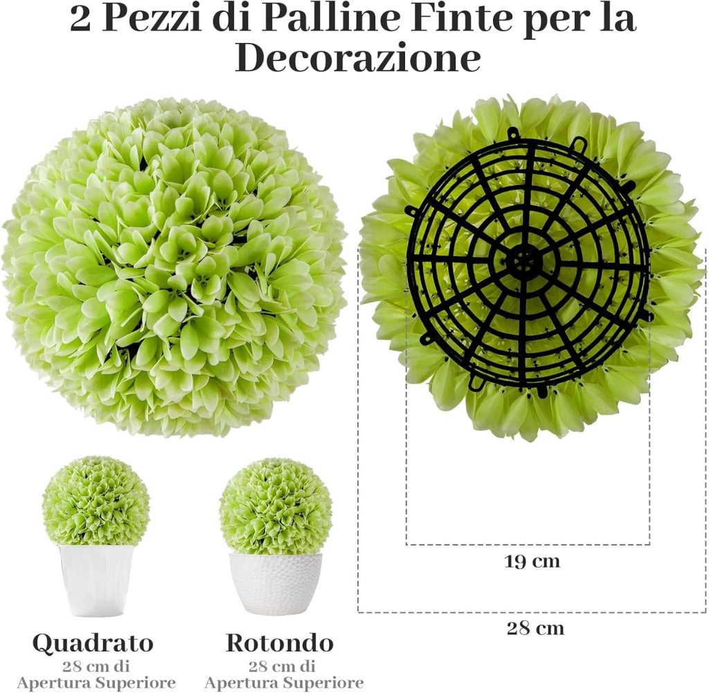 Set di 2 Piante Finte Sfera di Bosso 28 cm per Vaso, Palla di Topiarie Sintetica in PE da Giardino, Piante Artificiali Decorative Arredamento da Interno ed Esterno (Verde)