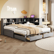 Letto multifunzione 90/180x190 cm con contenitore; prese multifunzione e cassetti in legno grigio