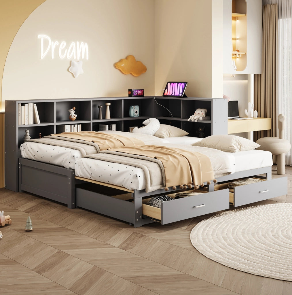 Letto multifunzione 90/180x190 cm con contenitore; prese multifunzione e cassetti in legno grigio