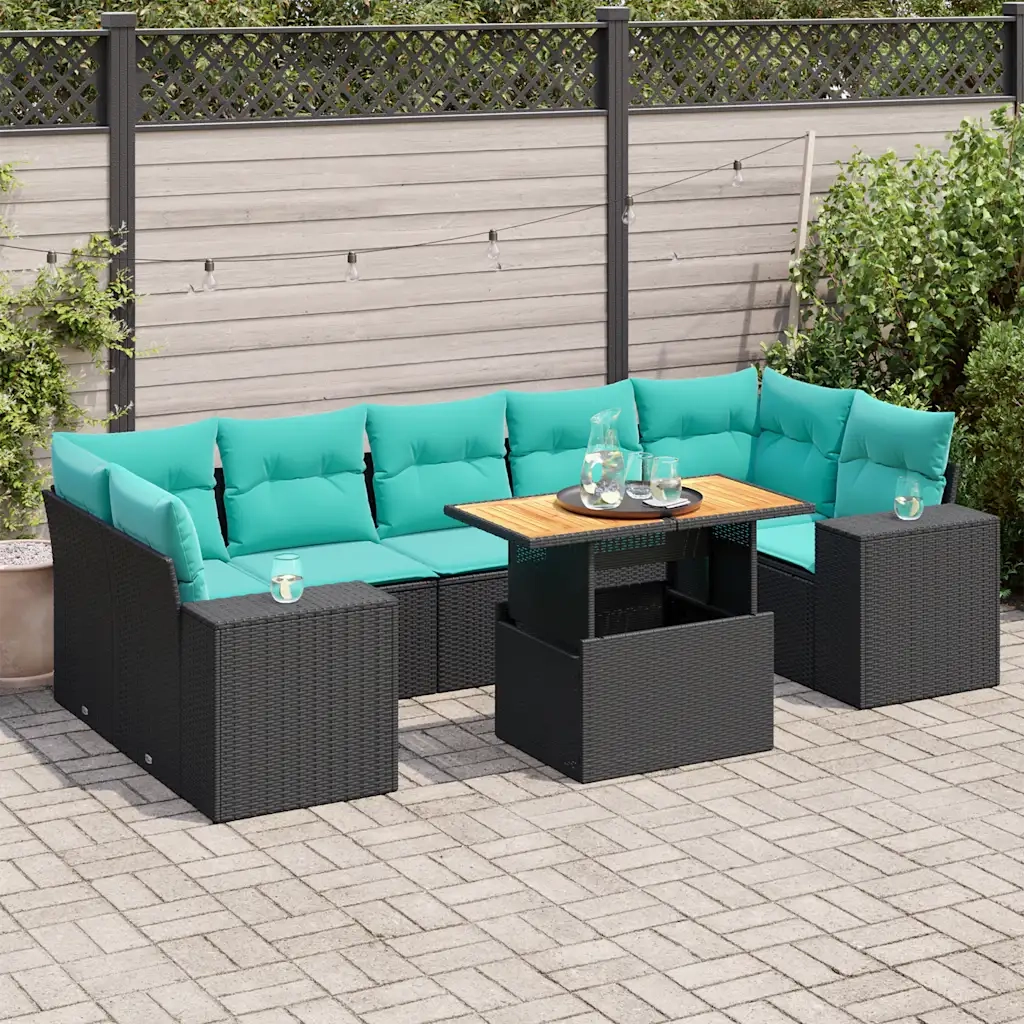 Set Divani da Giardino con Cuscini 8 pz Nero in Polyrattan
