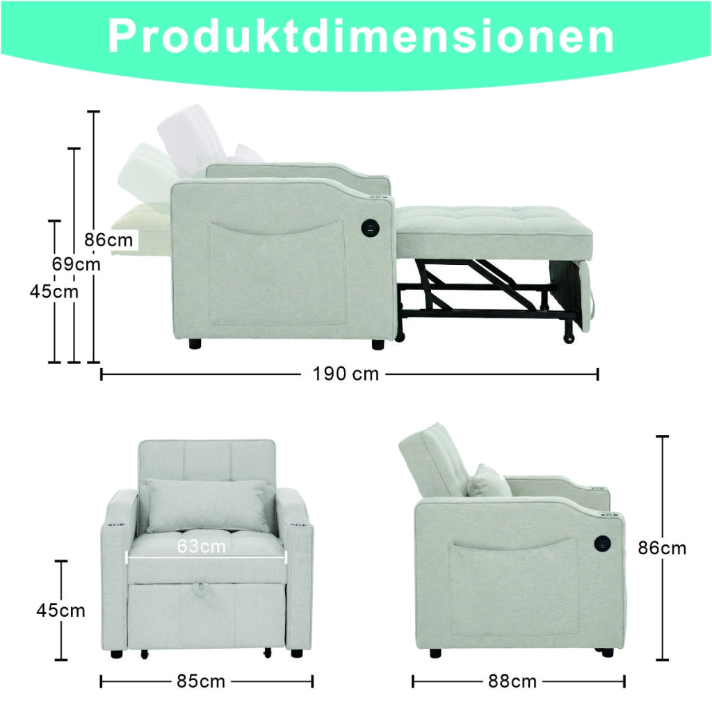 Poltrona letto convertibile con schienale regolabile a 3 posizioni e porte USB e USB-C in tessuto beige 190 × 85 × 86 cm