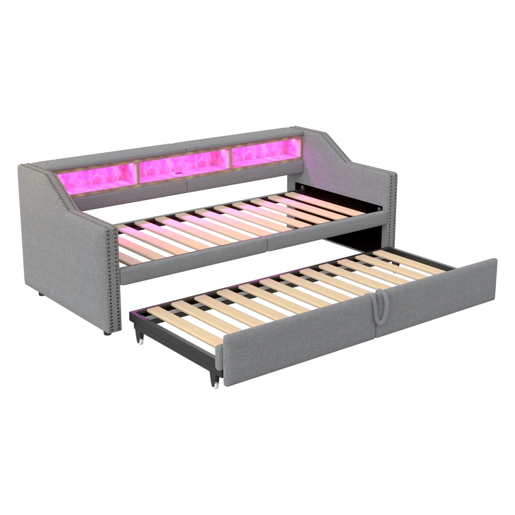 Letto divano estraibile 90 × 200 cm con contenitore laterale, USB, LED, 2 materassi inclusi, grigio chiaro