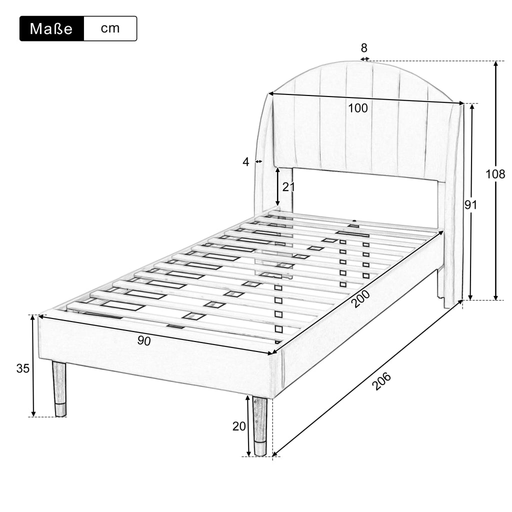 OKWISH Letto Singolo 90×200 cm con Testiera Imbottita e Rete a Doghe, senza Materasso, in Velluto, Rosa