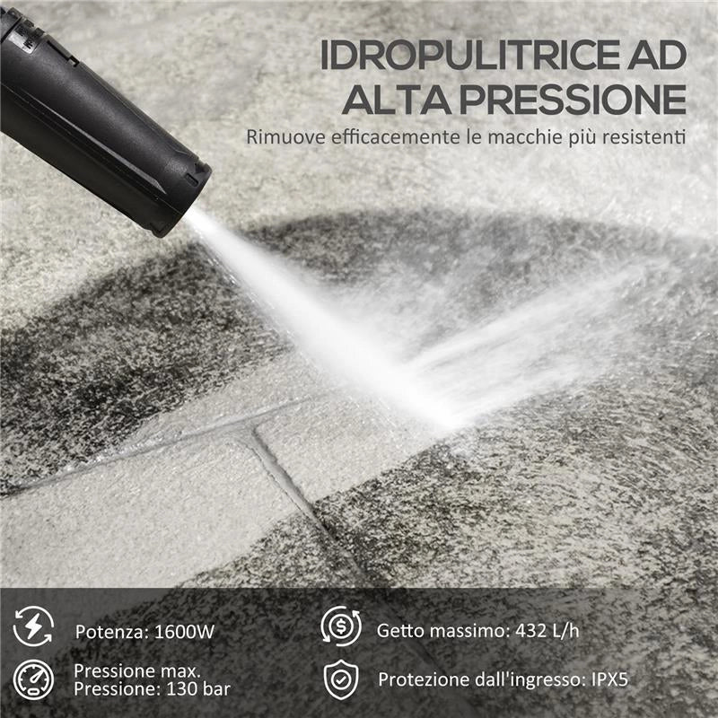IDROPULITRICE AD ALTA PRESSIONE 1600W CON UGELLO REGOLABILE E KIT PULIZIA 35X28X65 CM BLU E NERO