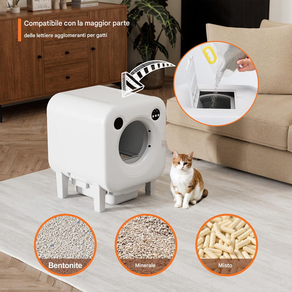 Lettiera Autopulente XXL per Gatti Smart Wifi con App e Controllo Capacità 70L Bianco
