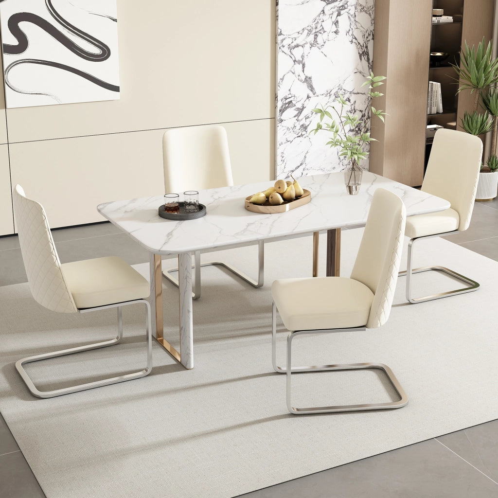 Set di 2 sedie da pranzo in velluto beige con gambe in metallo argentato, schienale trapuntato a rombi