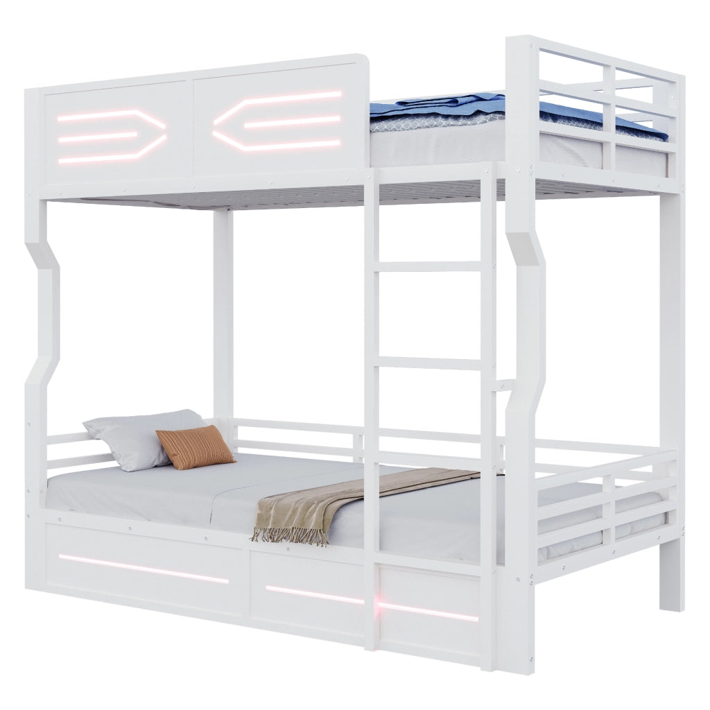 Letto a castello per bambini 90x200 cm con striscia LED; linee moderne e parapetti alti; metallo bianco