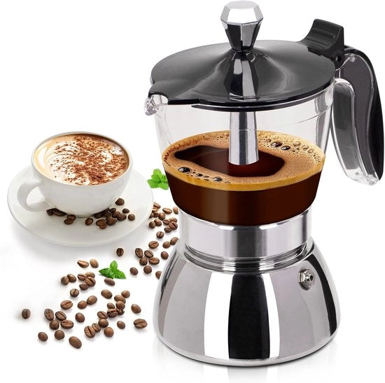 Moka Pot 200ml in Plastica Transparente con Parti in Acciaio Inossidabile - 4 Cucchiai, Fornello Classico Italiano Macchina per Espresso, Adatto per Casa, Campeggio e Viaggi