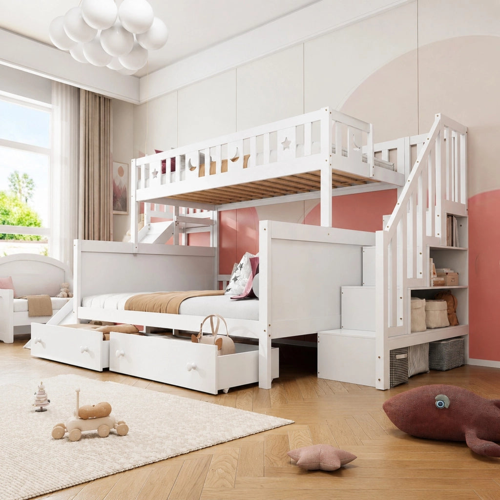 LETTO a castello con scivolo e scala 90x200/140x200 cm Legno massello Bianco
