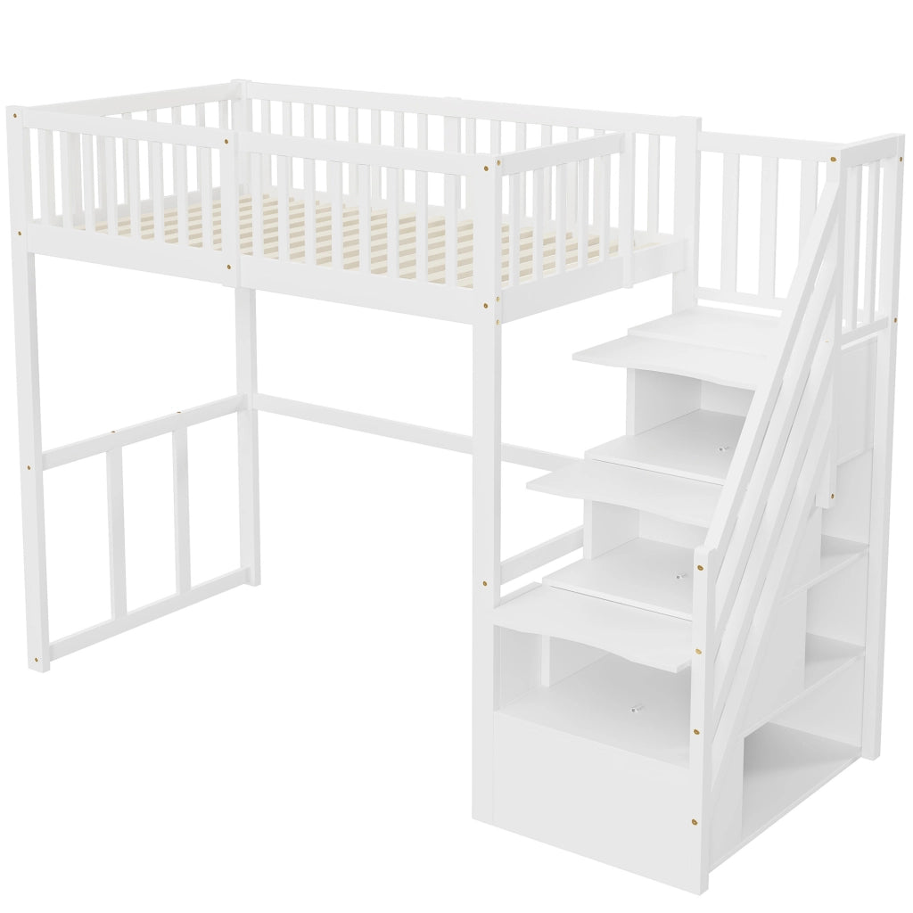 Letto a soppalco 90x200 cm in legno di pino bianco con scala contenitore
