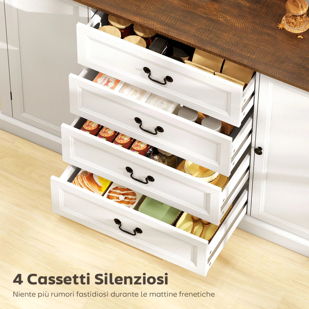 Credenza da Cucina Stile Vintage 147x40x87 cm con 4 Cassetti e 2 Armadietti con Mensole Regolabili Legno Bianco