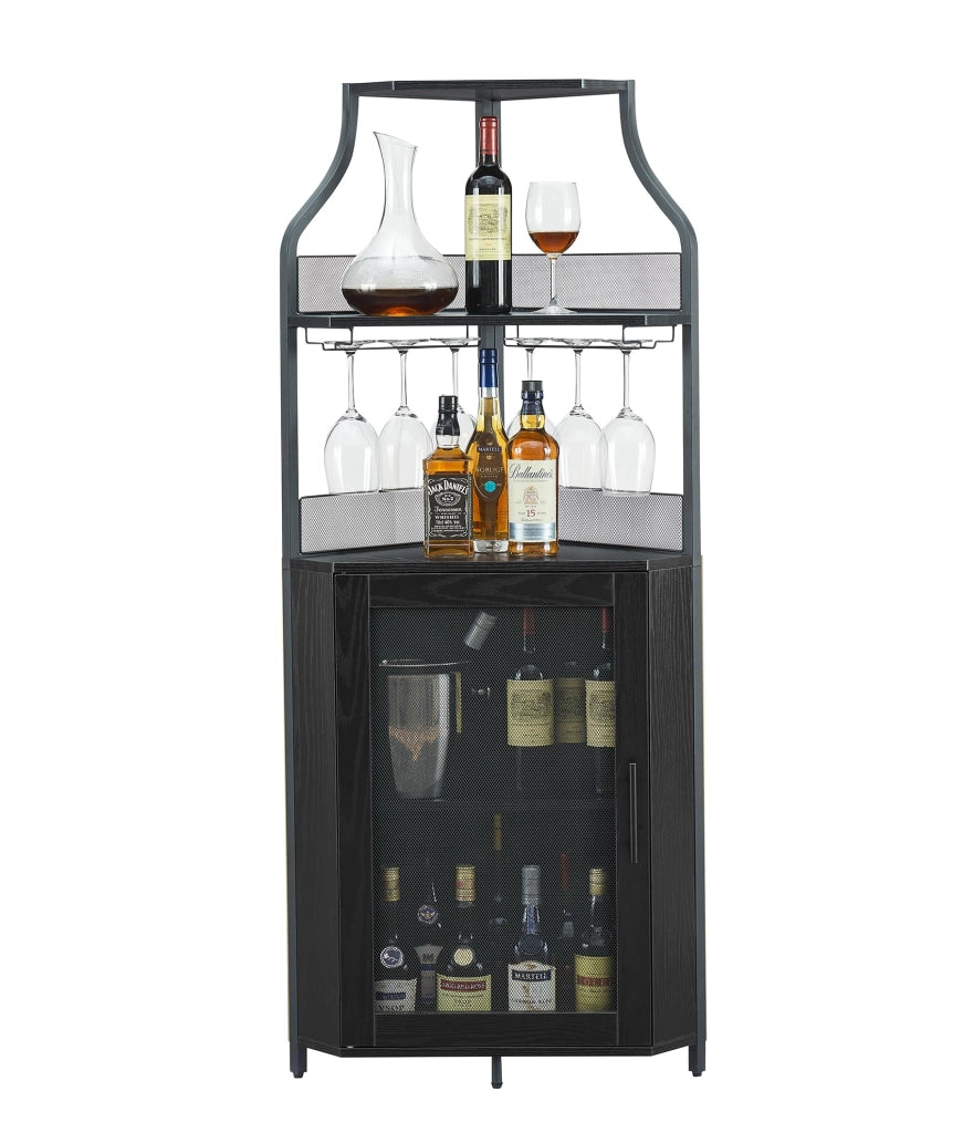 Mobile Bar Angolare Portabottiglie Nero in Metallo e MDF, 154cm