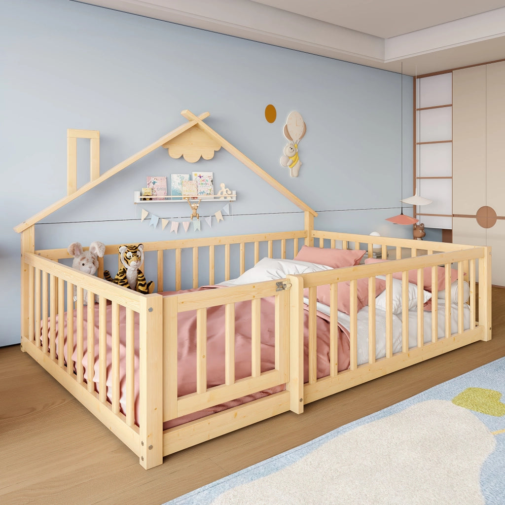 Letto Casetta 140×190 cm; Singolo con Sponda e Chiusura; senza Materasso; in Pino e MDF; Naturale