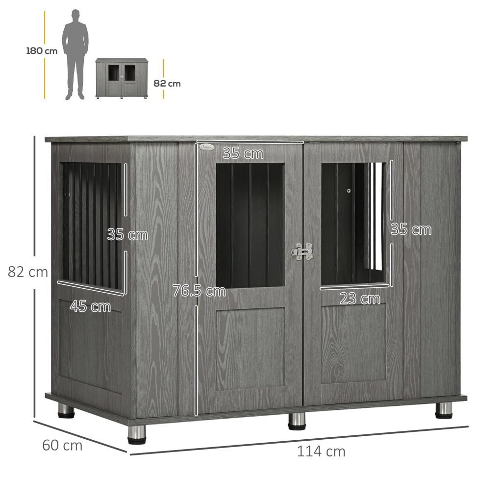 Cuccia per cani da interno in legno grigio con porta magnetica e finestra, 116x60x87 cm