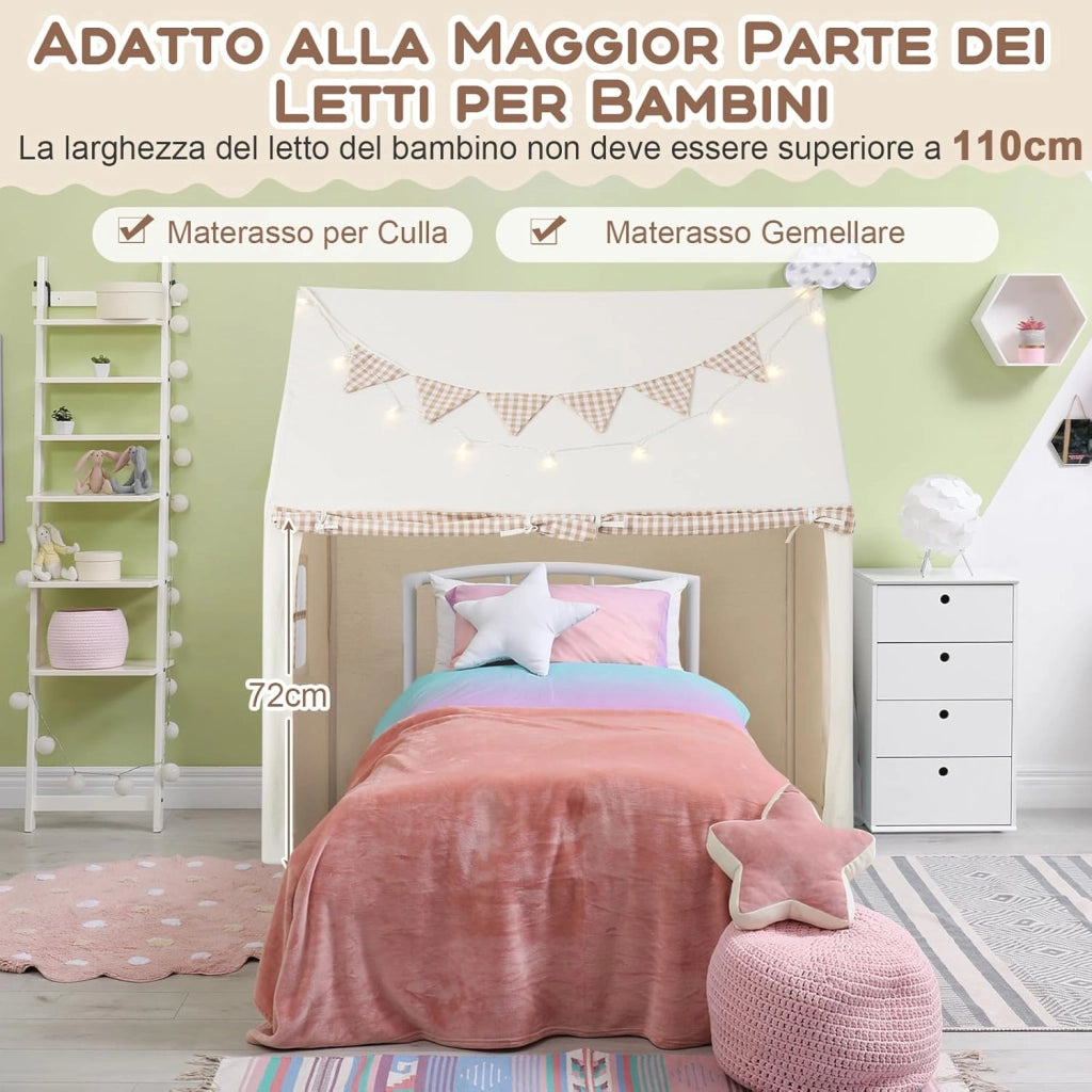 Tenda da Gioco per Bambini, Casetta Tenda da Gioco con Tappetino Imbottito, 2 Finestre Traspiranti e 2 Tasche, Luci a Stella e Bandierine Incluse, Tenda per Bambini 3-8 Anni (Beige)