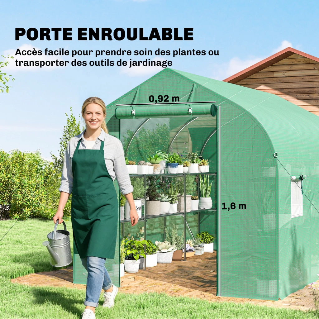 Serra da Giardino Tunnel 6m2 ¨C zephmum ¨C Verde, Acciaio Galvanizzato, 6 Finestre, Porta, Scaffali