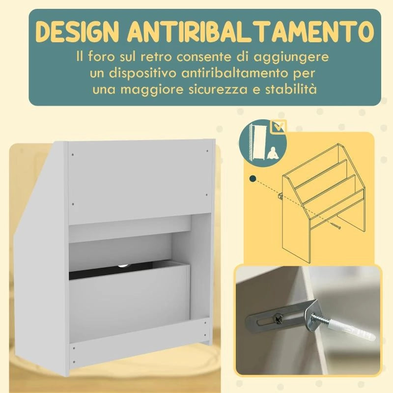 LIBRERIA PER BAMBINI 3-8 ANNI A 3 RIPIANI CON CASSETTO INFERIORE, IN MDF, 62.5X30X70 CM, GRIGIO