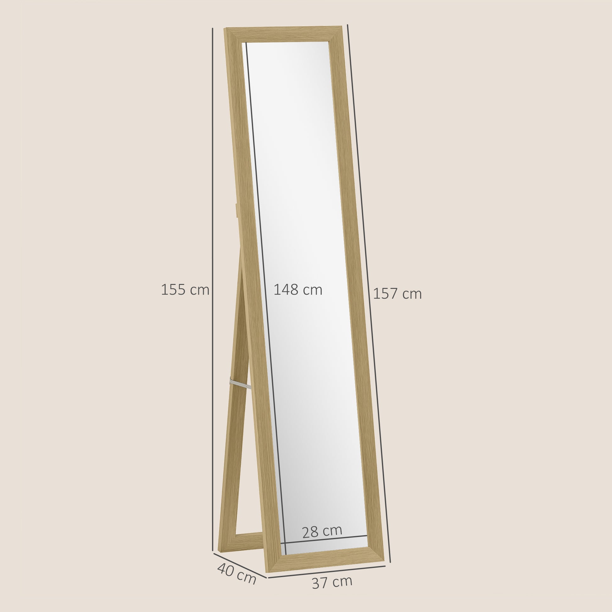 Specchio Verticale Autoportante o da Parete 37x40x155 cm con Cornice in MDF Quercia