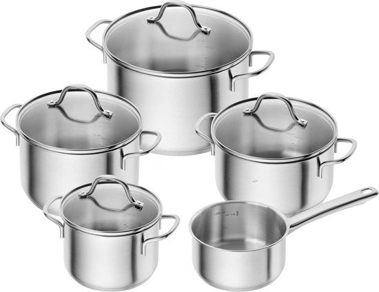 Set di pentola, 5 pezzi, 4 coperchi, adatto per induzione, acciaio inossidabile