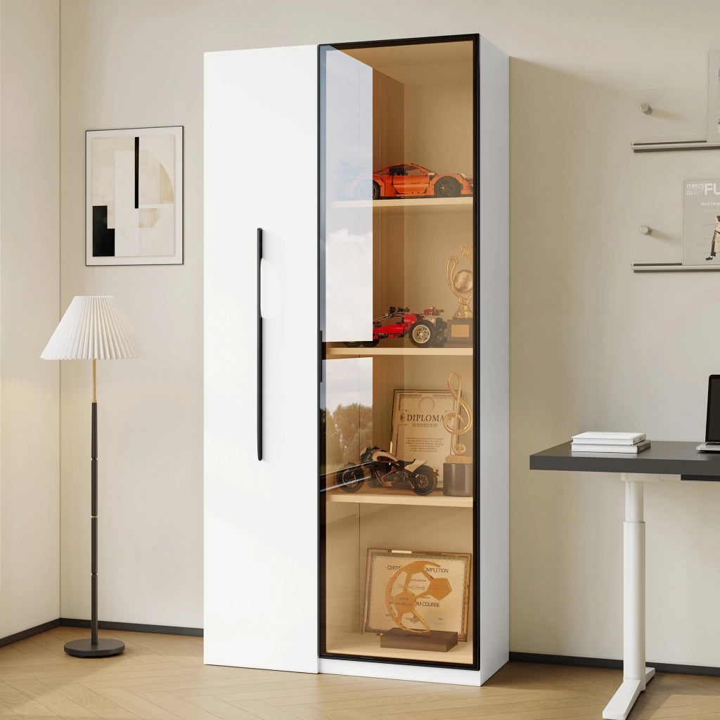 Vetrina con libreria estraibile 70x40x160 cm in MDF bianco con LED, vetro temperato, 1 anta e 2 colli