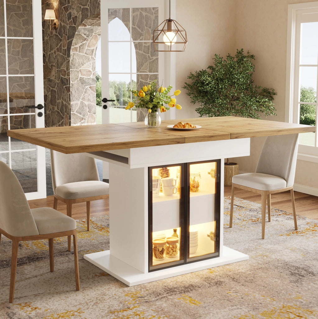 Tavolo da pranzo allungabile 110-140 x 80 cm con contenitore e LED RGB; bianco