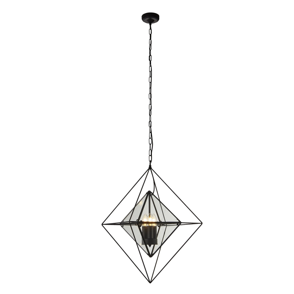 Lampadario Contemporaneo Diamante Acciaio Nero Trasparente 3 Luci E14