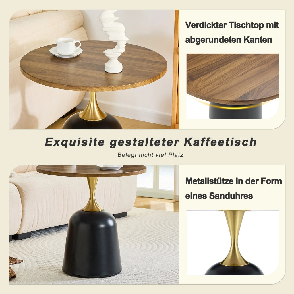 Tavolino basso rotondo con base in metallo e piano in melammina effetto noce, stile moderno, per soggiorno, 70 × 69 × 40 cm