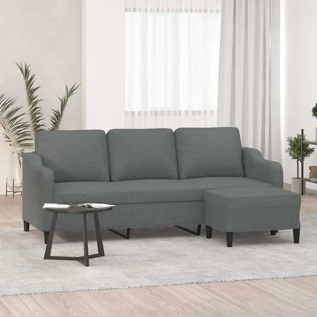 Divano a 3 Posti con Poggiapiedi Grigio Scuro 180cm in Tessuto