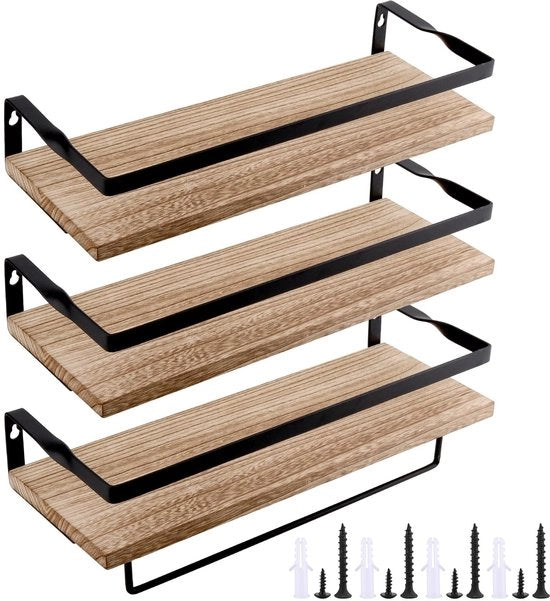 Set a 3 pezzi in legno/nero metallo - 40 x 15 x 1,5 cm - Costruzione robusta - Supporto asciugamano - Pannello da parete