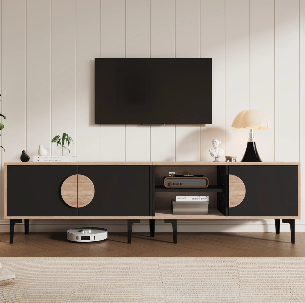 Mobile TV 180x35x49 cm con 3 ante e ripiani, rovere e nero