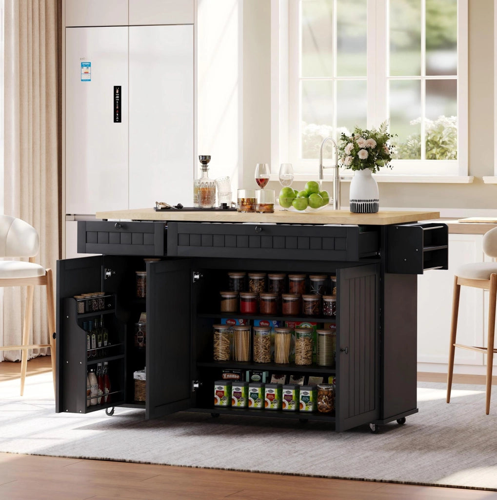 Isola da cucina mobile con piano ribaltabile, naturale e nero