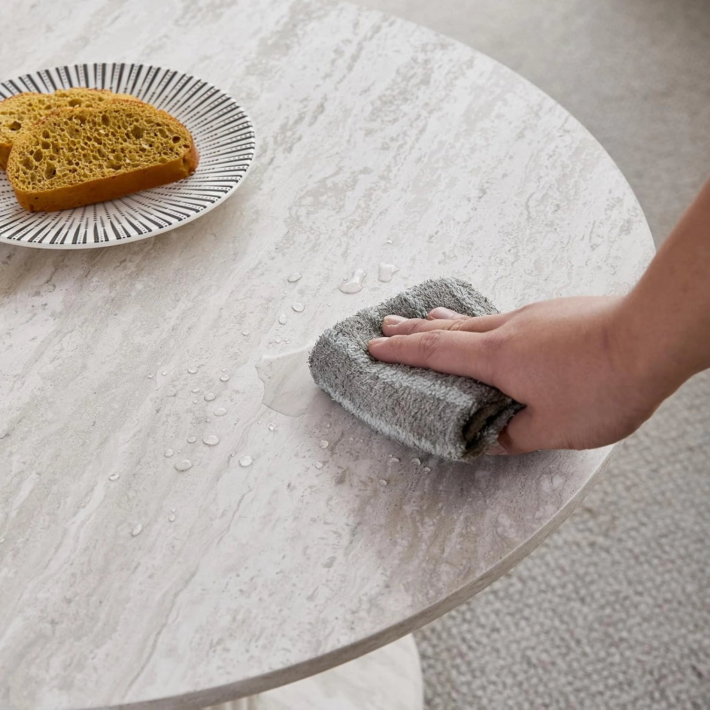 GrandCA HOME Set di 2 Tavolini Rotondi Impilabili con Gambe Cilindriche ed Effetto Travertino Grigio Finto, Tavolino da Caffè in Stile Minimalista Moderno per Soggiorno o Camera da Letto