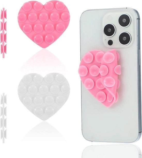 Due pezzi di copricuore a forma di cuore, siliconico, doppio lato, con morsetto di presa per schermo per il retro di dispositivi mobili