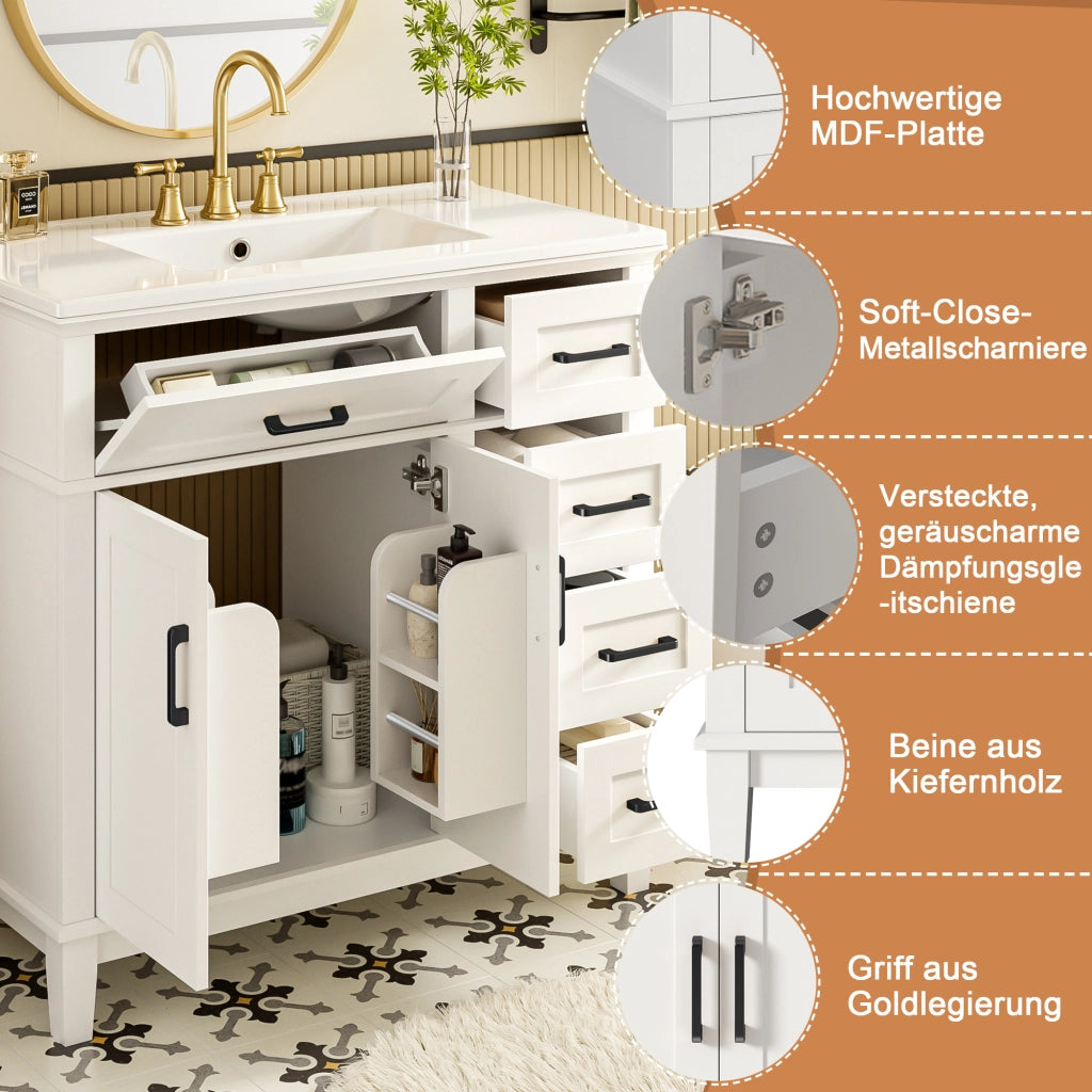 Mobile Bagno con Lavabo Integrato ¨C MINIMAL ¨C Bianco, Legno Massello, 90x46x87