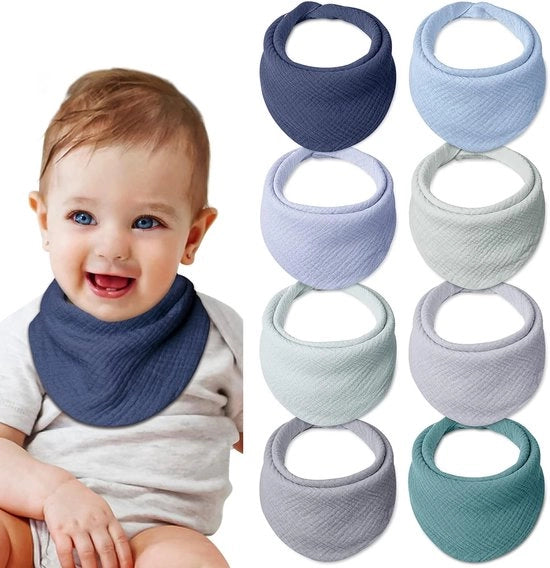 Asciugamani per bambini in forma di triangolo - 8 pezzi - Cotone soffice e biologico - Chiusure adattabili - Blu del mare