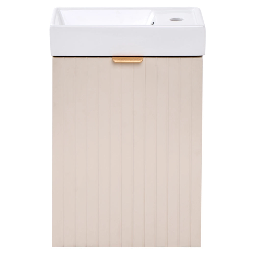 Mobile da bagno da fissare a parete con lavabo, frontale scanalato, colore beige