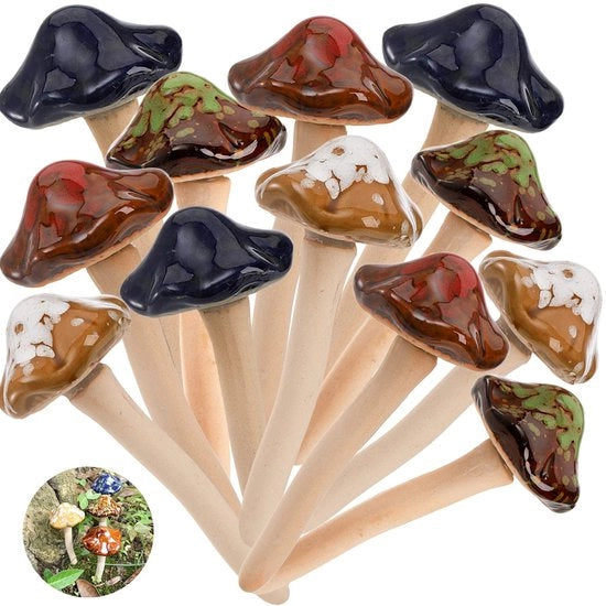 Decorazione da giardino a forma di funghi, 12 pezzi, 12 cm, in ceramica, decorazione per giardino, per interni e esterni