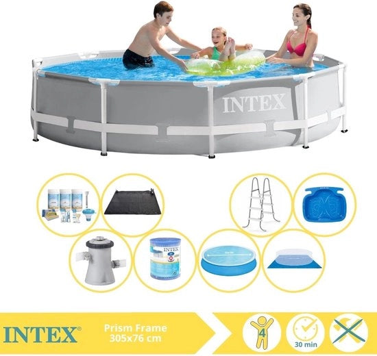 Piscina a Rete Prisma - Piscina da Montare - 366x76 cm - Incluso Ombrellone Solare, Kit di Manutenzione, Filtro, Telo di Copertura, Panno Solare, Cassetta e Piscina per Piedi
